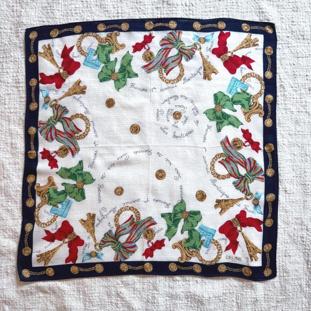 Vintage Celine Paris Holiday Cotton Blend Scarf‎ Eiffel Tower Bow Print